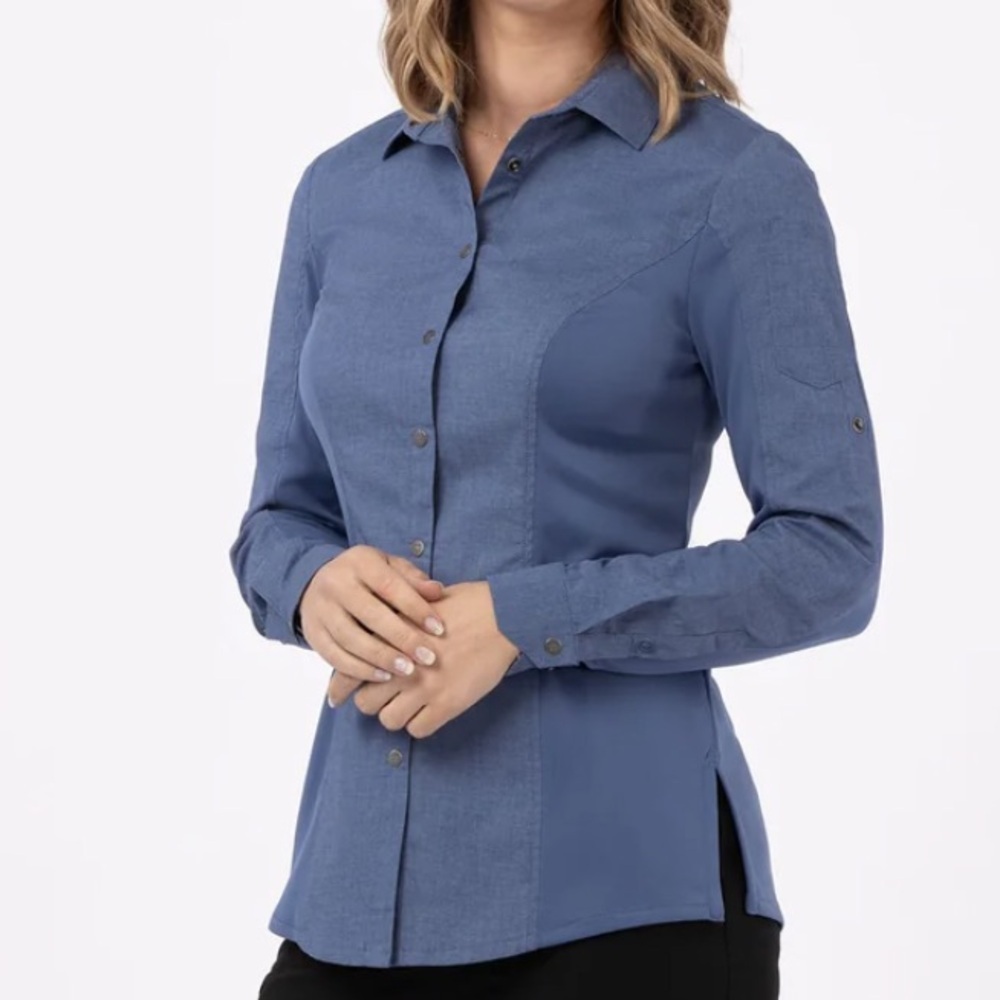 Chef Works Seville Shirt Women’s Large Blue Cool Vent Stretch Uniform Top SF1
